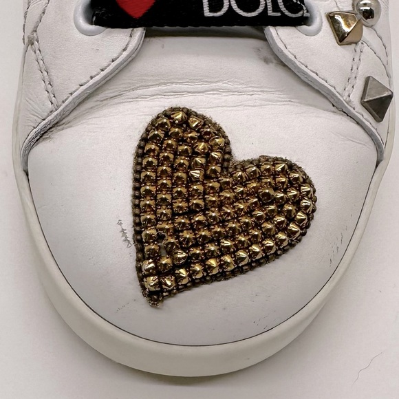 Dolce & Gabbana White Leather Portofino Gold RedHeart Low Top Sneakers Size 38 - Picture 10 of 13